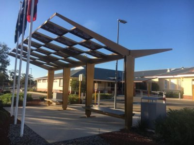 sun shelter seating shade structure Merredin health campus