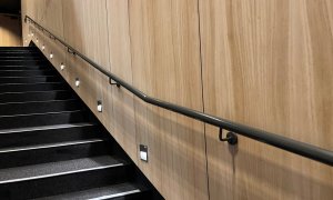 Perth Modern School auditorium powdercoated steel wall mounted handrail backlit 1